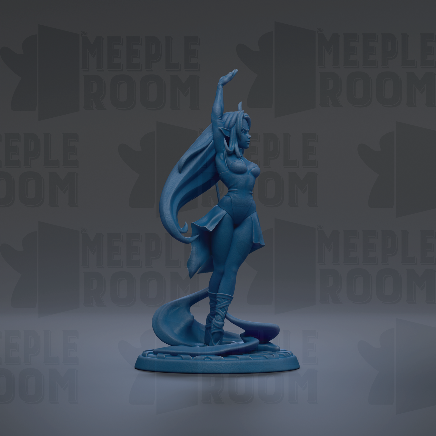 A blue figurine of a woman with long hair and flowing robes is standing on a base, with the text "MEUPLE ROOM" repeated in the background.