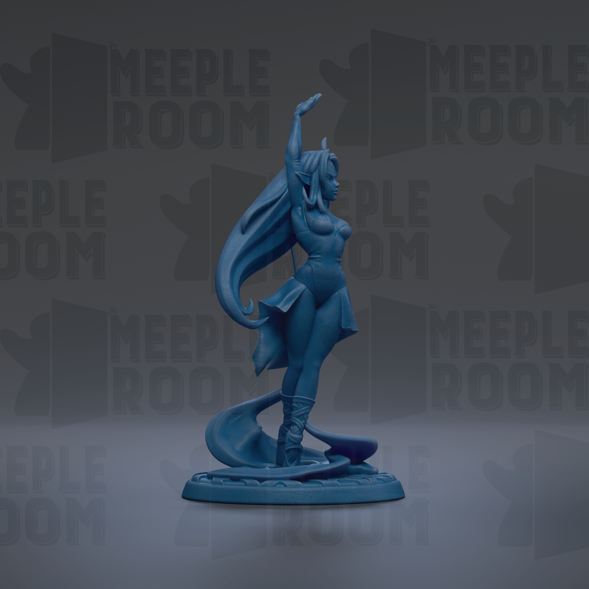 A blue figurine of a woman with long hair and flowing robes is standing on a base, with the text "MEUPLE ROOM" repeated in the background.