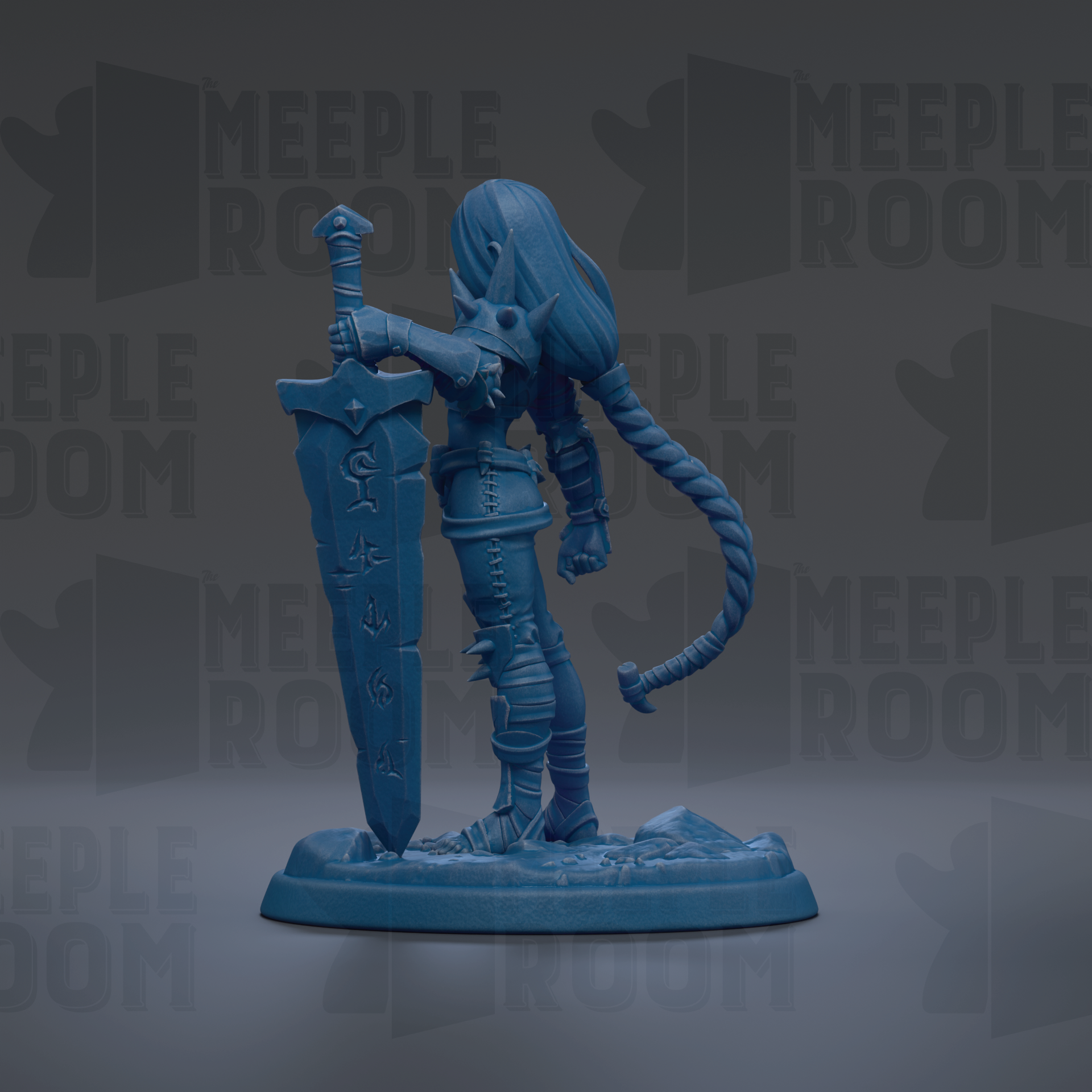 A blue figurine of a warrior standing with a sword and shield, against a dark background with repeated text.