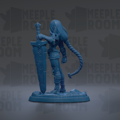 A blue figurine of a warrior standing with a sword and shield, against a dark background with repeated text.