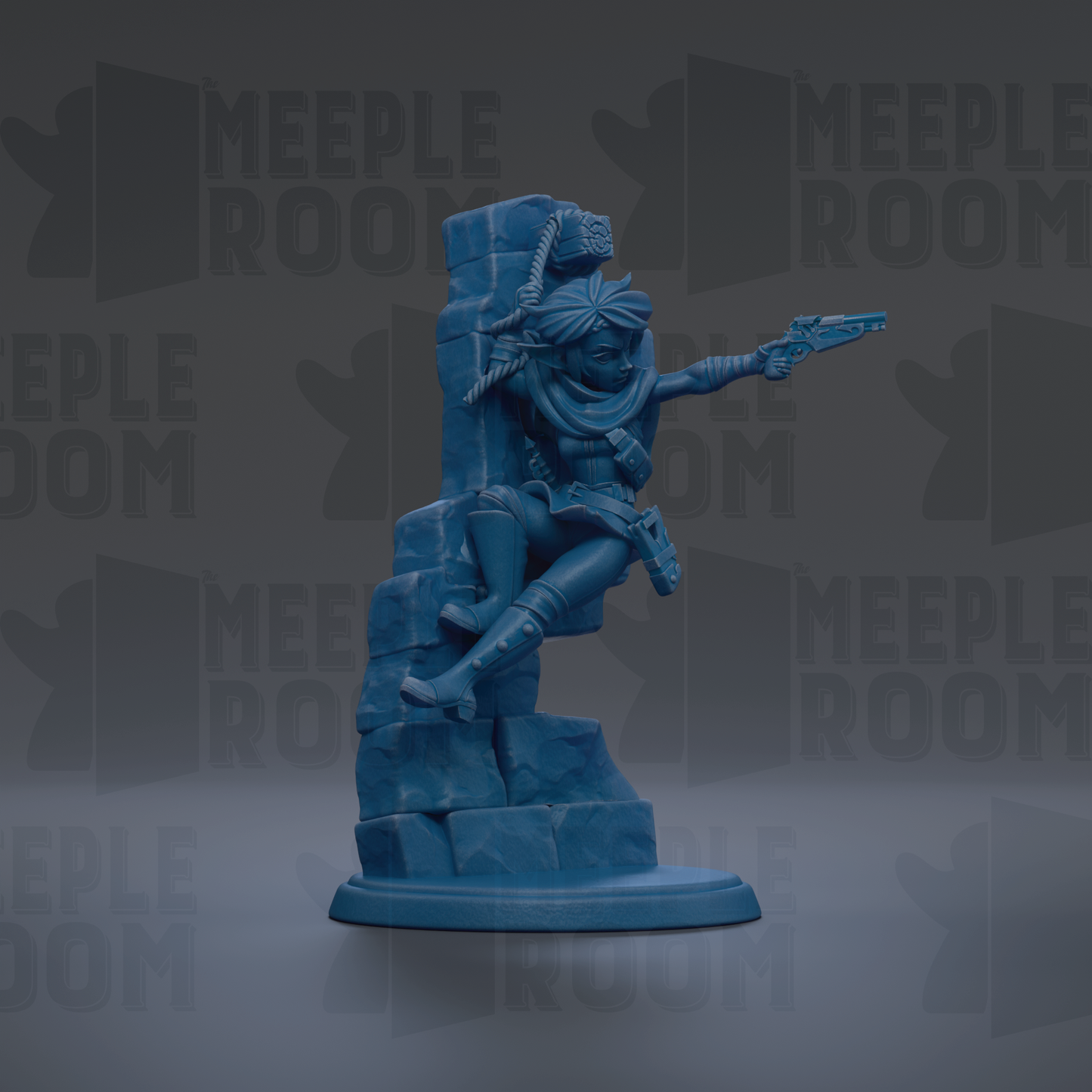 A blue figurine of a person holding a gun and standing on a rock formation against a dark background with repeated text.