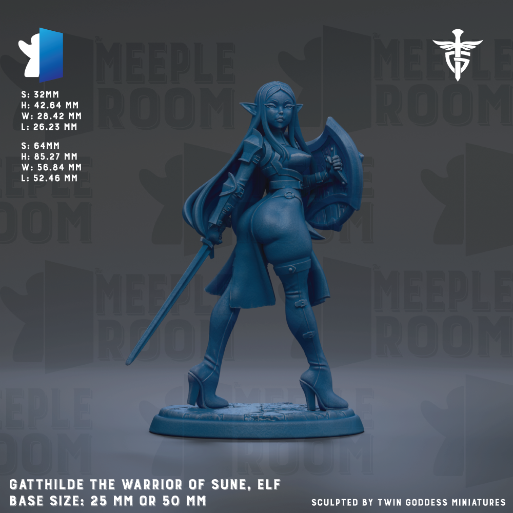 a figurine of a female character, likely an elf, with a sword and shield. The figurine is described as "Gathilde the Warrior of Sun, Elf" and is shown in a base size of 25mm or 50mm. The background of the image is gray, and there is text that provides information about the figurine, including its dimensions and the fact that it is sculpted by Twin Goddess miniatures.