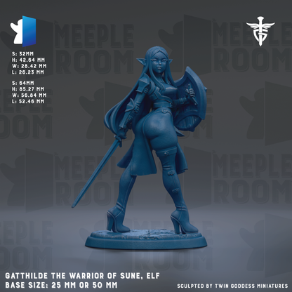 a figurine of a female character, likely an elf, with a sword and shield. The figurine is described as "Gathilde the Warrior of Sun, Elf" and is shown in a base size of 25mm or 50mm. The background of the image is gray, and there is text that provides information about the figurine, including its dimensions and the fact that it is sculpted by Twin Goddess miniatures.