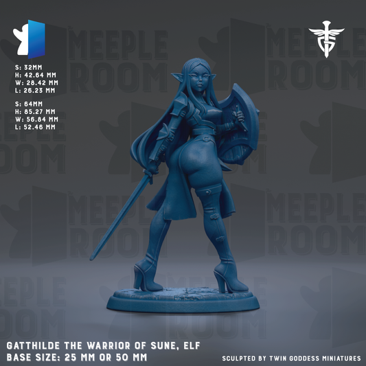 a figurine of a female character, likely an elf, with a sword and shield. The figurine is described as "Gathilde the Warrior of Sun, Elf" and is shown in a base size of 25mm or 50mm. The background of the image is gray, and there is text that provides information about the figurine, including its dimensions and the fact that it is sculpted by Twin Goddess miniatures.