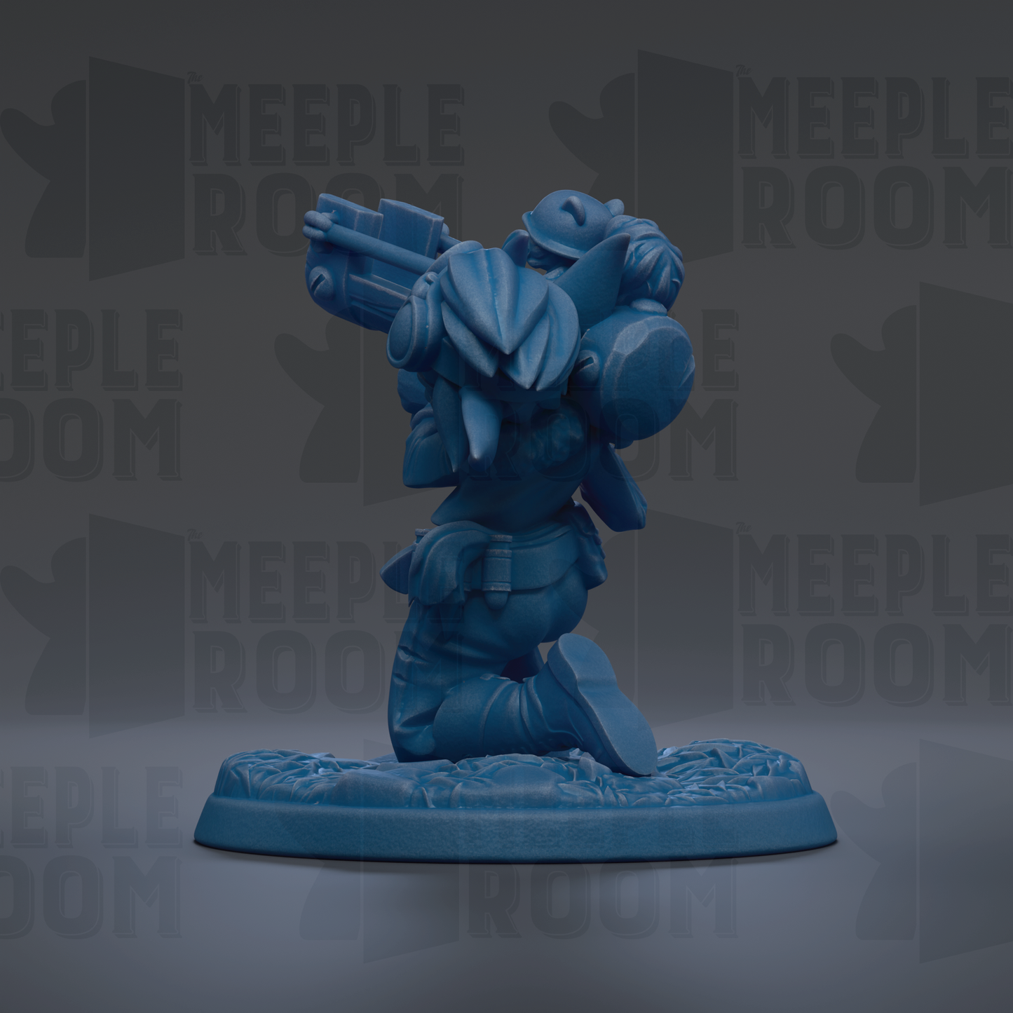 A blue figurine of a character with a gun, standing on a base with a floral pattern.