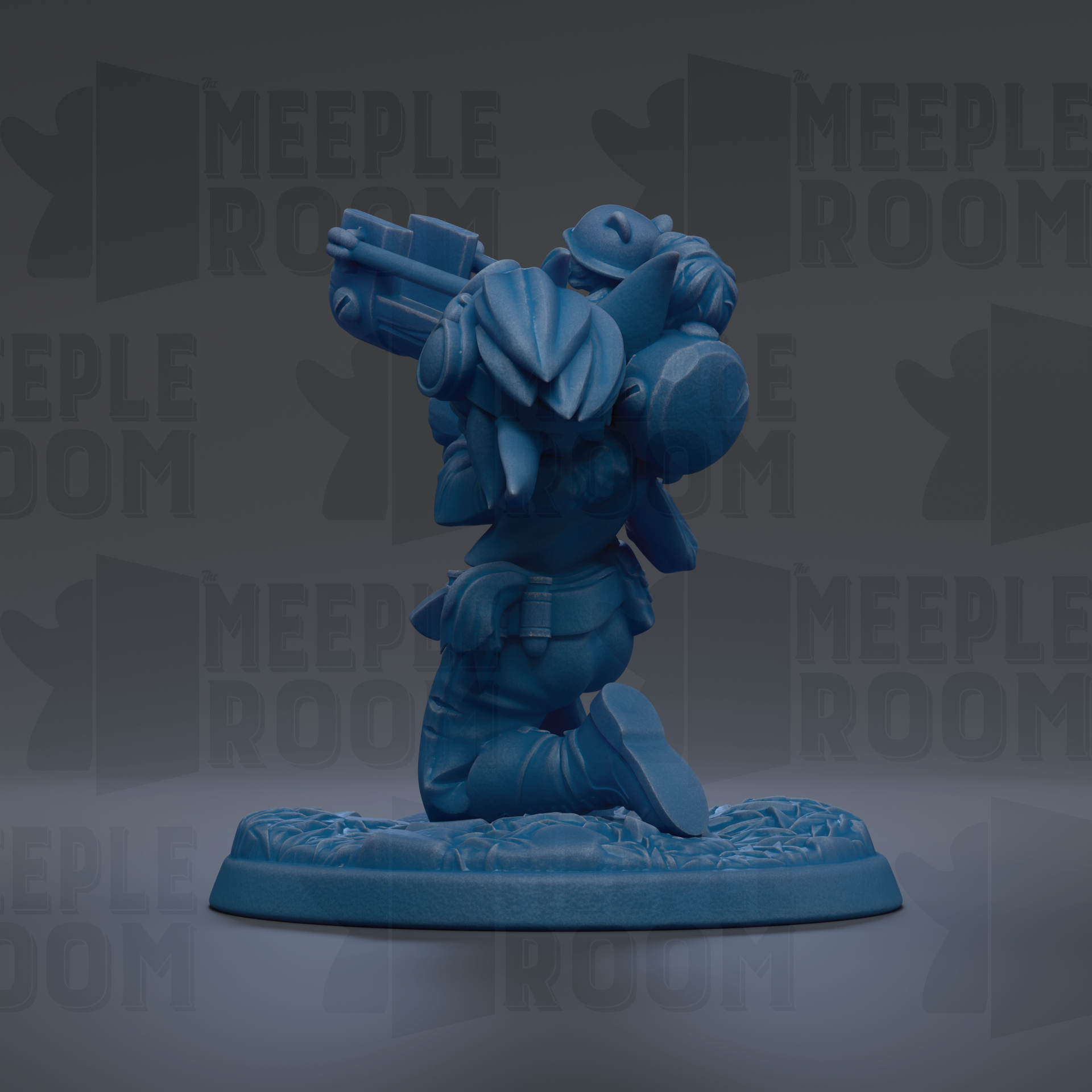 A blue figurine of a character with a gun, standing on a base with a floral pattern.