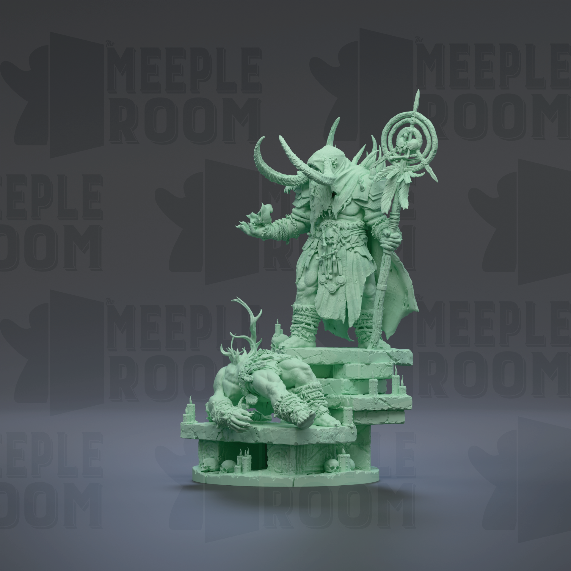 A green, 3D-rendered statue depicting a warrior figure with horns and a staff, standing atop a pedestal with a smaller figure kneeling below.