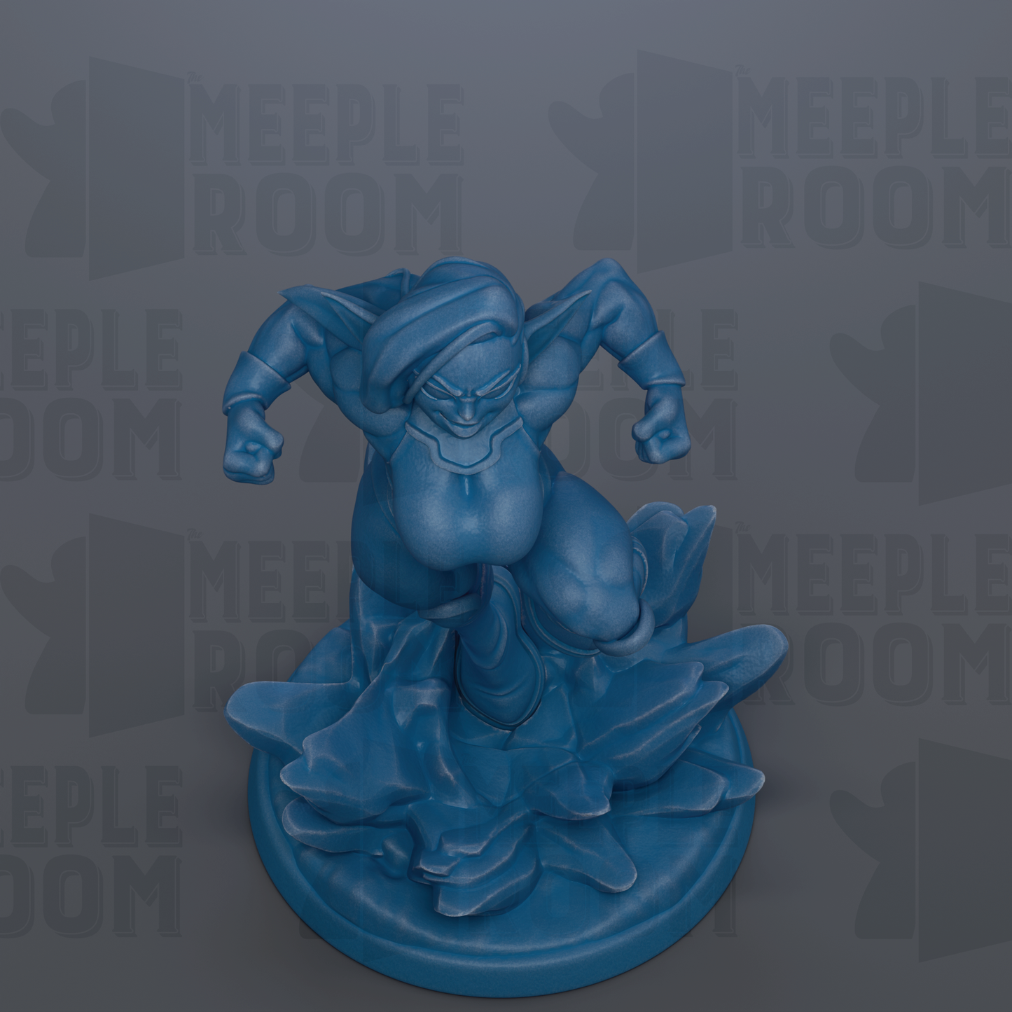 A blue figurine of a superhero-like character is depicted in a dynamic pose, with a determined expression and raised arms, set against a dark background with repeated text.