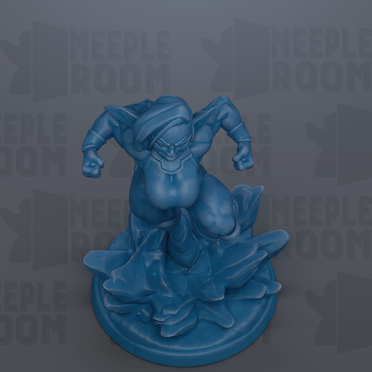 A blue figurine of a superhero-like character is depicted in a dynamic pose, with a determined expression and raised arms, set against a dark background with repeated text.