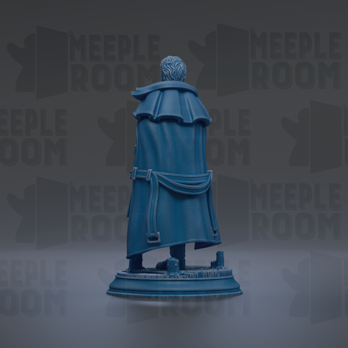A blue statue of a person standing on a pedestal against a dark background with repeated text.