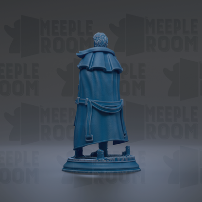 A blue statue of a person standing on a pedestal against a dark background with repeated text.
