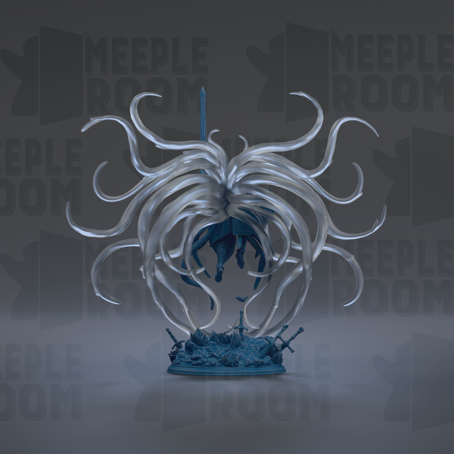 A blue statue of a mythical creature with long, flowing tentacles, standing on a pedestal.
