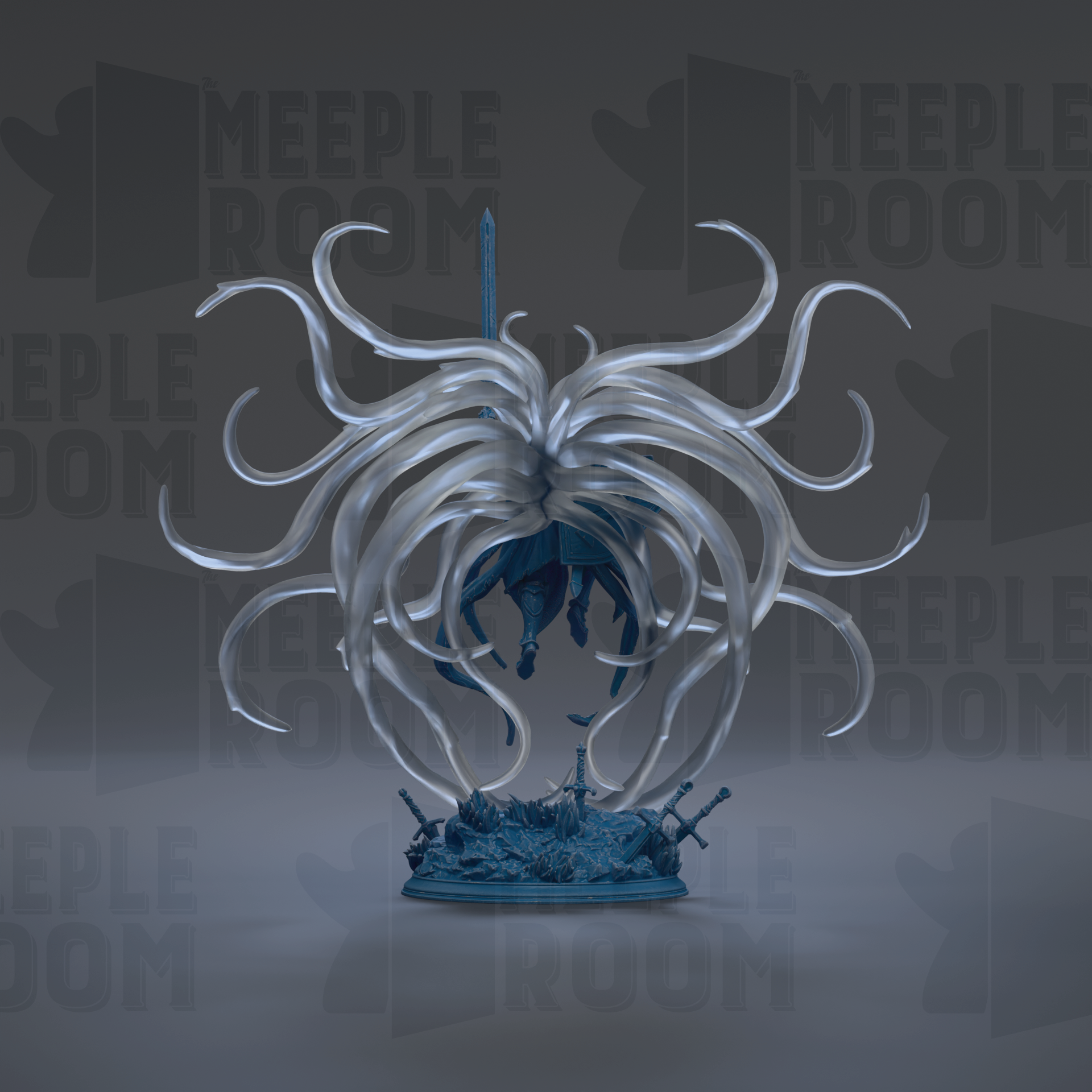 A blue statue of a mythical creature with long, flowing tentacles, standing on a pedestal.