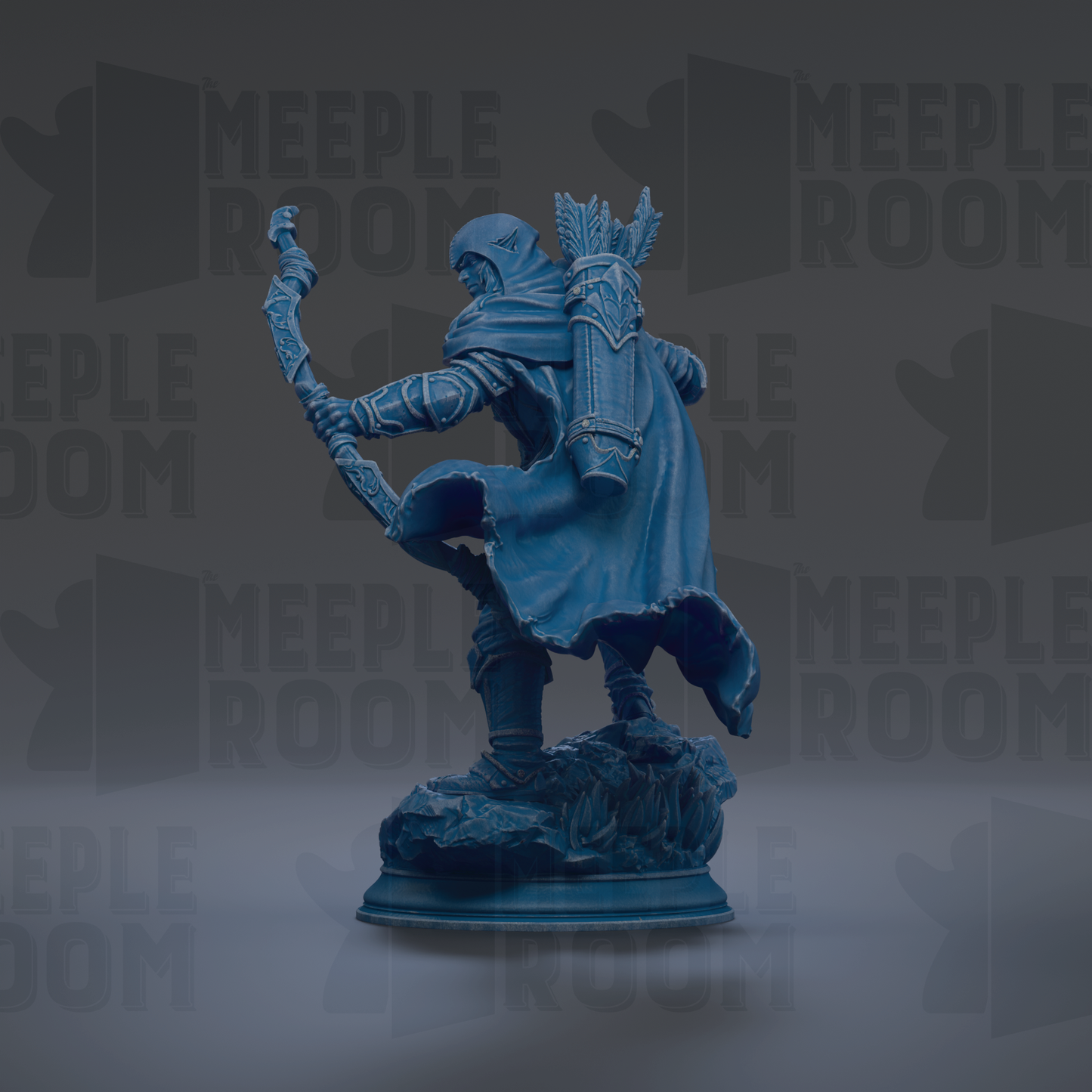 A blue statue of a figure holding a staff and wearing a cape, standing on a rock.