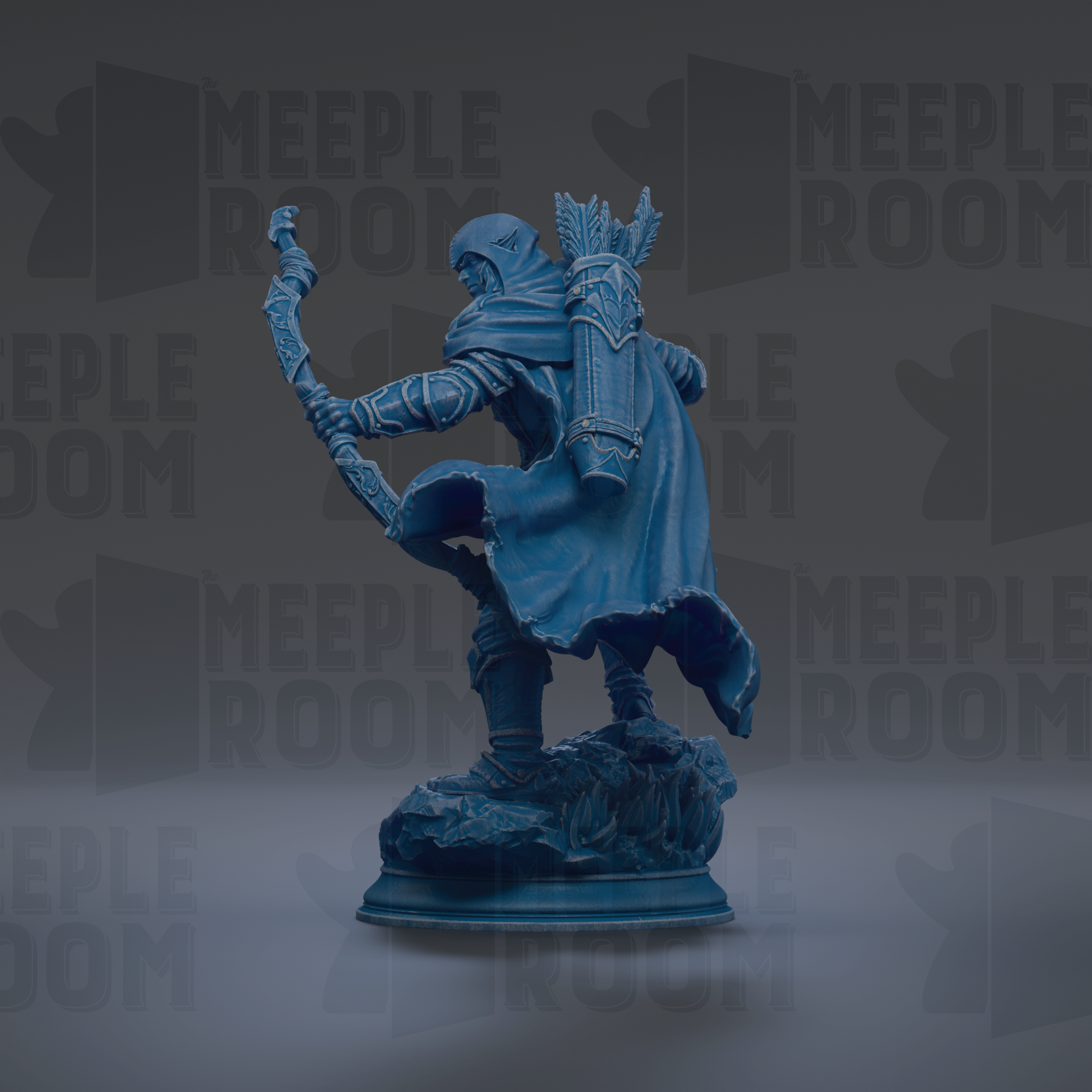A blue statue of a figure holding a staff and wearing a cape, standing on a rock.