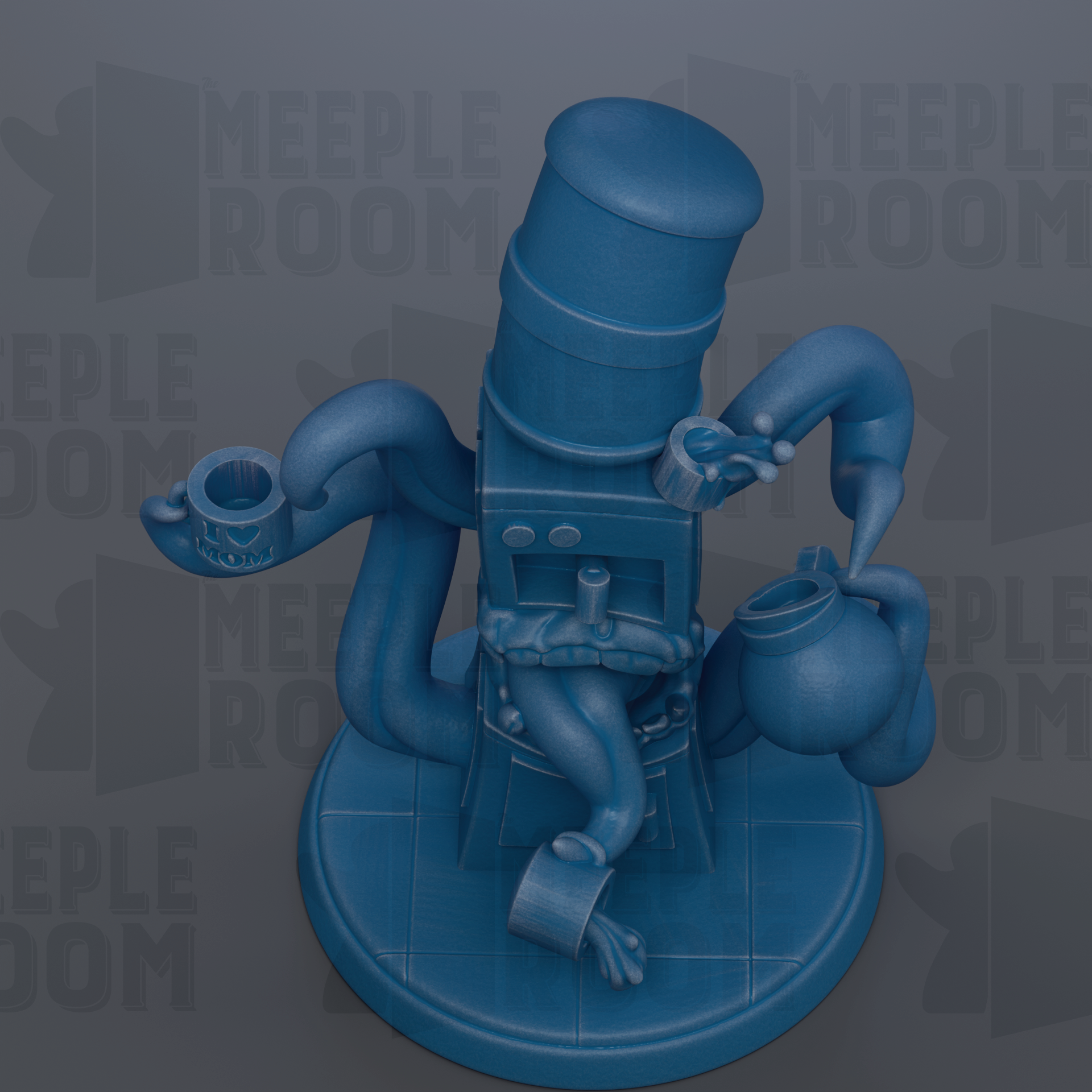 A blue, abstract sculpture with various shapes and textures, including a large cylinder-like structure, a round bowl, and a pair of hands holding a cup.