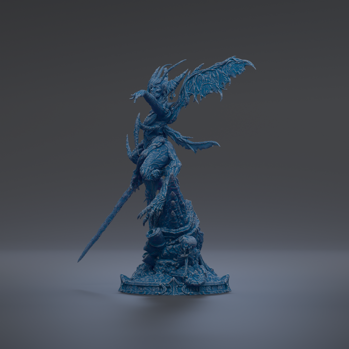 A 3D rendering of a blue dragon-like creature with wings and sharp claws, standing on a rock formation and holding a sword.