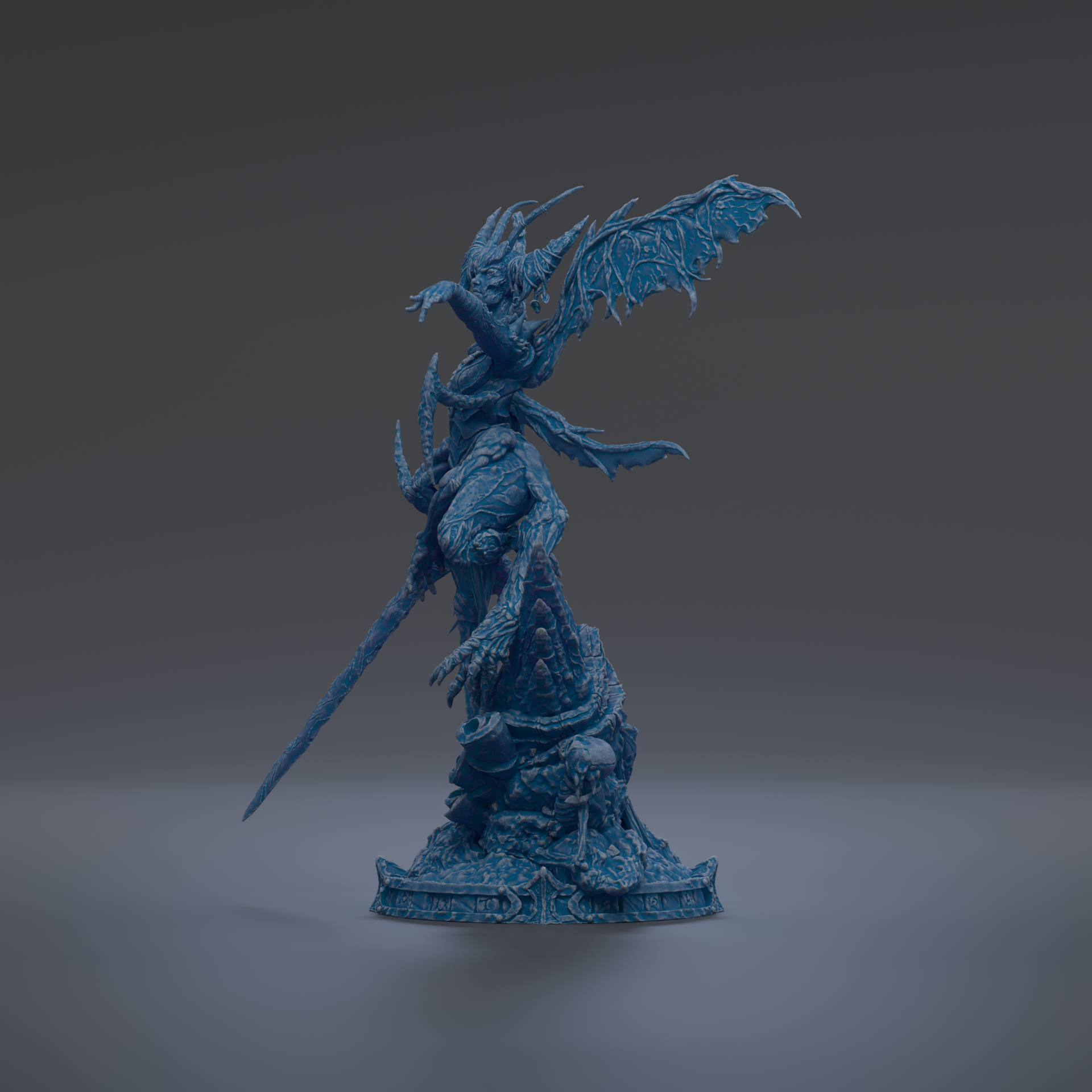 A 3D rendering of a blue dragon-like creature with wings and sharp claws, standing on a rock formation and holding a sword.