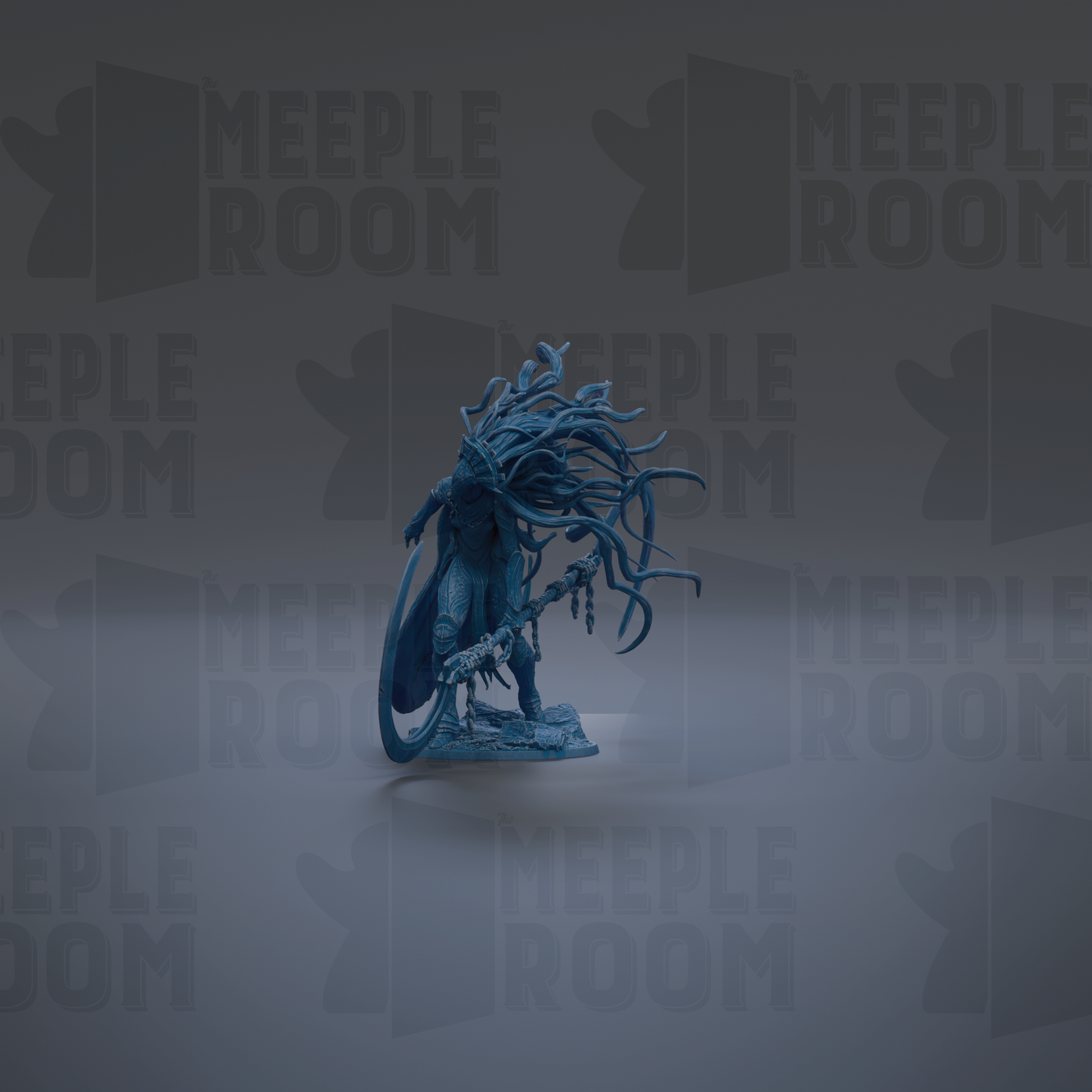 A dark blue, fantastical creature with long, flowing hair and a large headdress stands prominently in the center of the image against a dark background with repeated "MEIPLE ROOM" text.