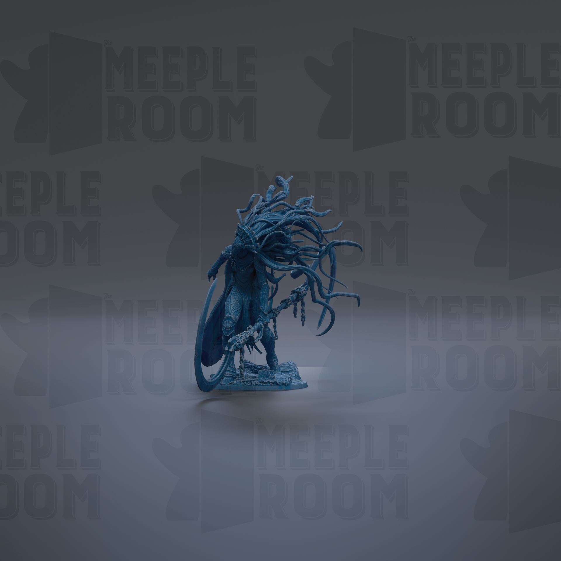 A dark blue, fantastical creature with long, flowing hair and a large headdress stands prominently in the center of the image against a dark background with repeated "MEIPLE ROOM" text.