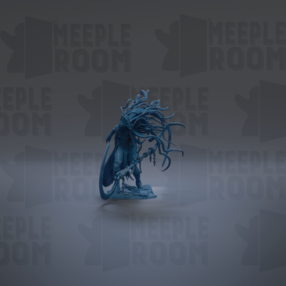 A dark blue, fantastical creature with long, flowing hair and a large headdress stands prominently in the center of the image against a dark background with repeated "MEIPLE ROOM" text.