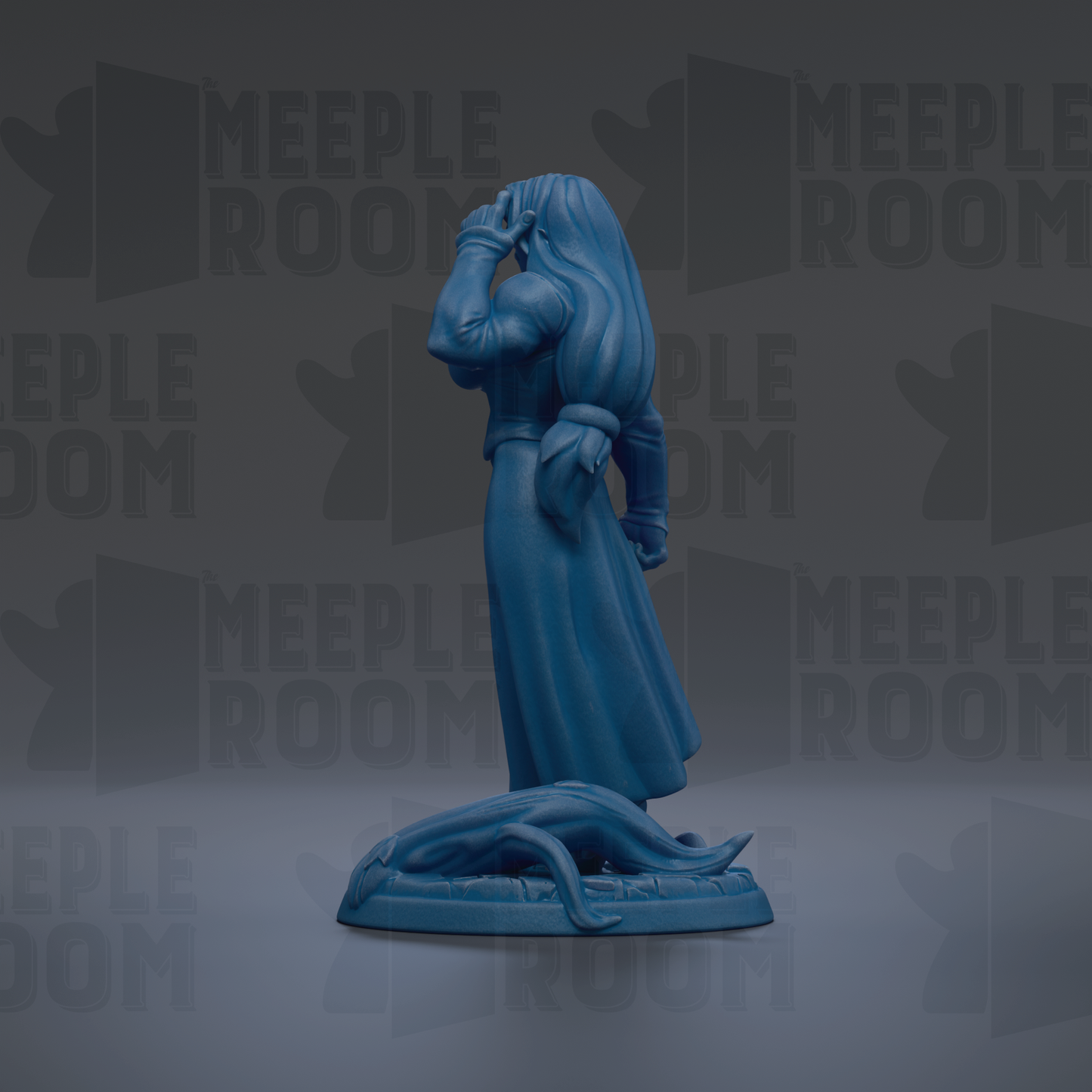 A blue figurine of a person standing on a platform, with the text "MEUPLE ROOM" repeated in the background.
