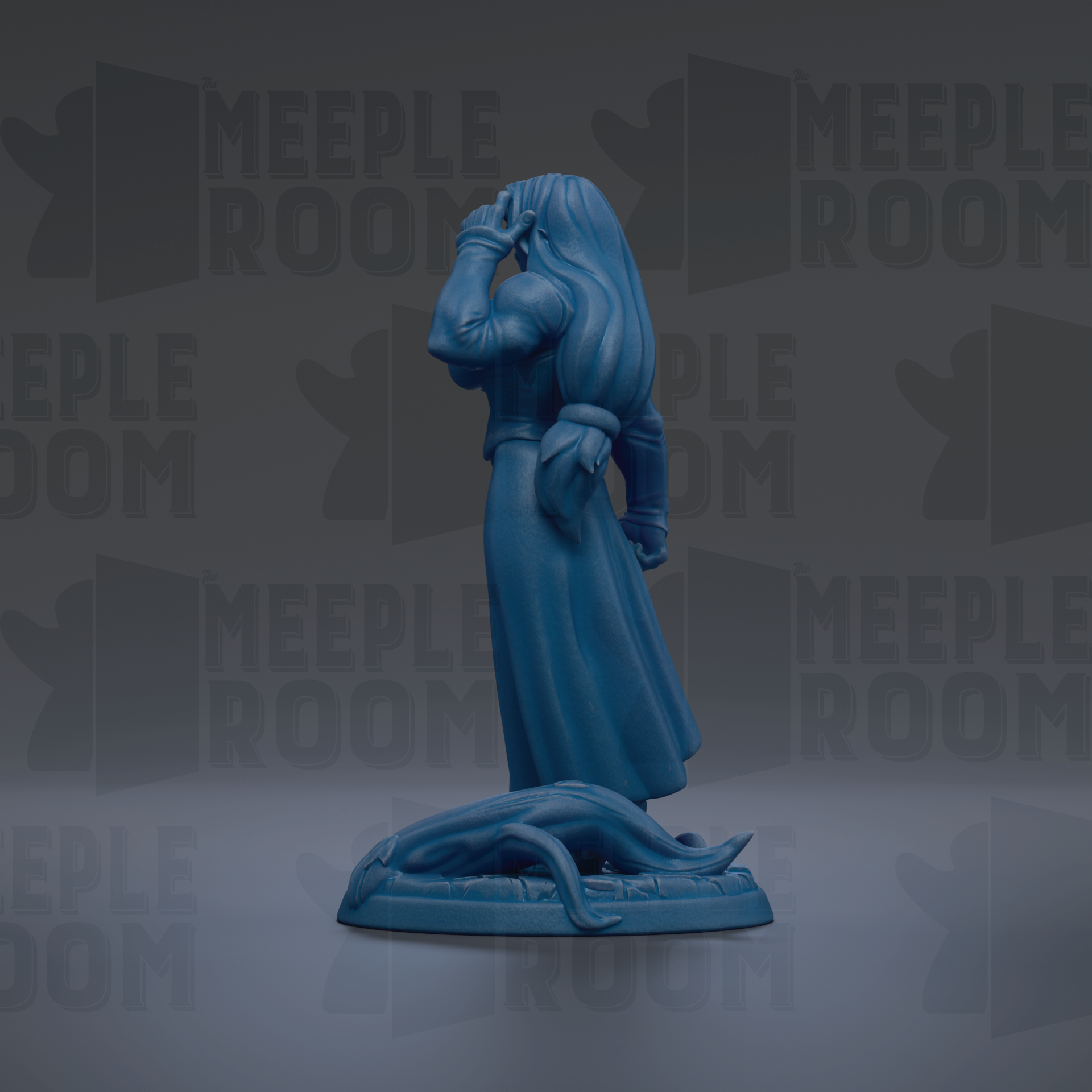 A blue figurine of a person standing on a platform, with the text "MEUPLE ROOM" repeated in the background.