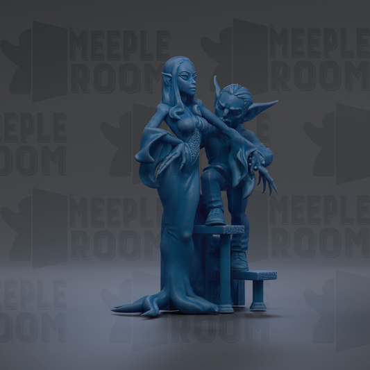 A blue figurine of a woman and a man, both with long hair, standing together in a dark setting.