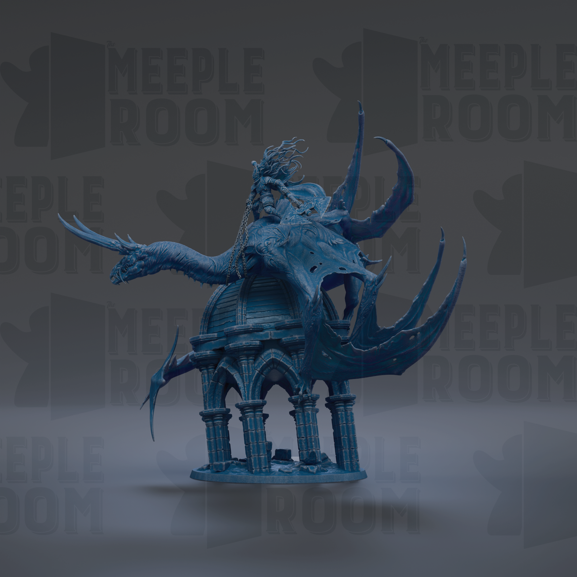 A blue dragon statue with a domed structure on top, set against a dark background with repeated text.
