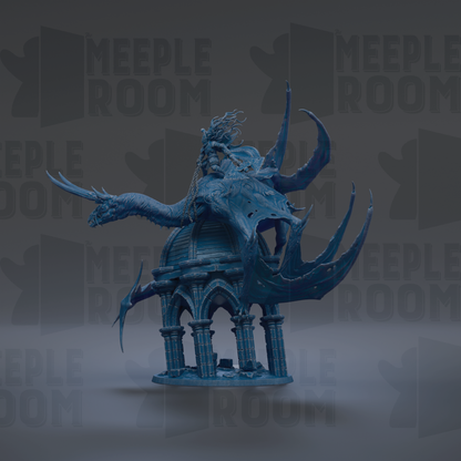 A blue dragon statue with a domed structure on top, set against a dark background with repeated text.
