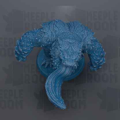 A blue, detailed figurine of a creature with sharp teeth and claws, resembling a mythical or fantastical creature, is shown against a dark background with repeated text.