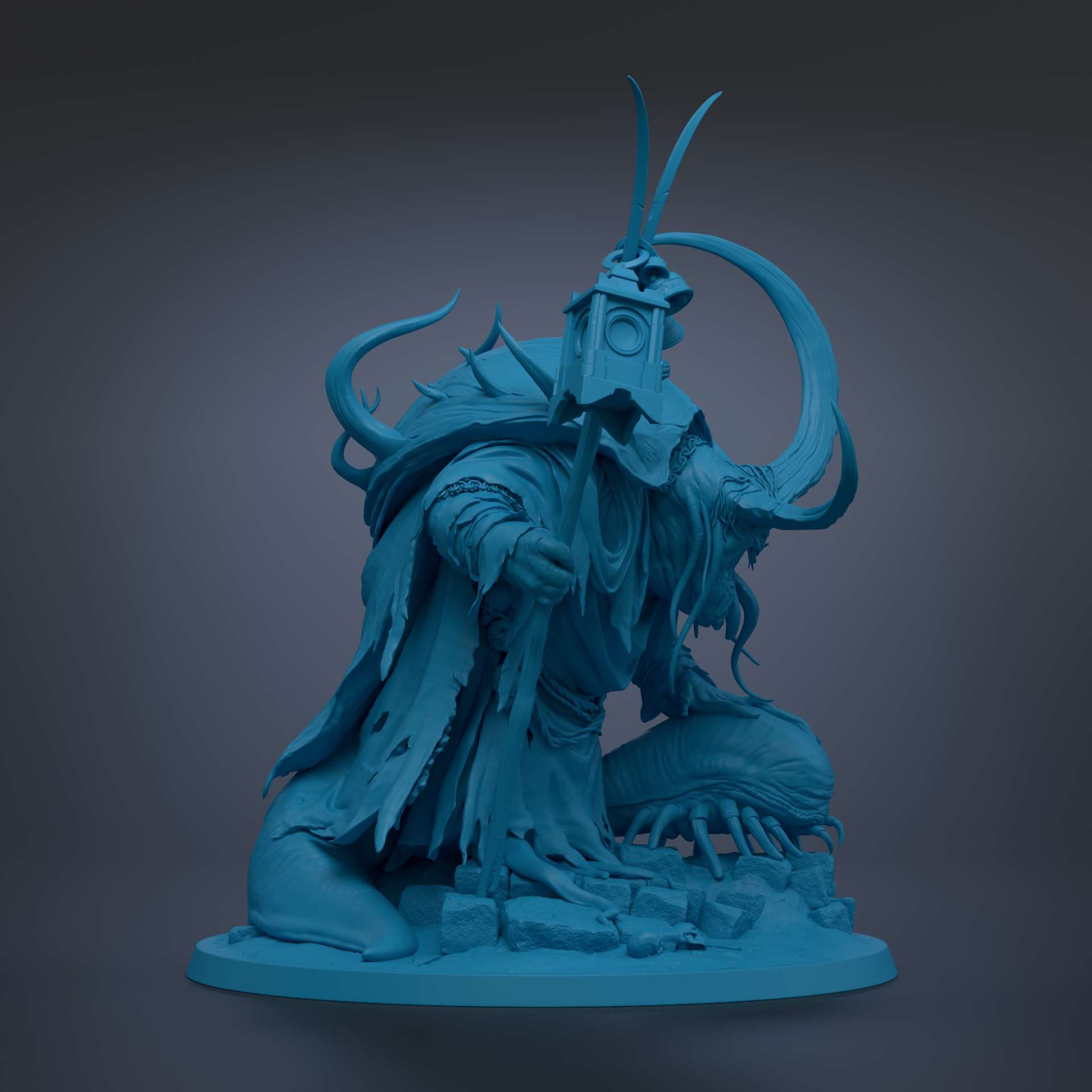 A 3D rendering of a fantastical creature with a large head, long neck, and sharp teeth, standing on a platform and holding a weapon.