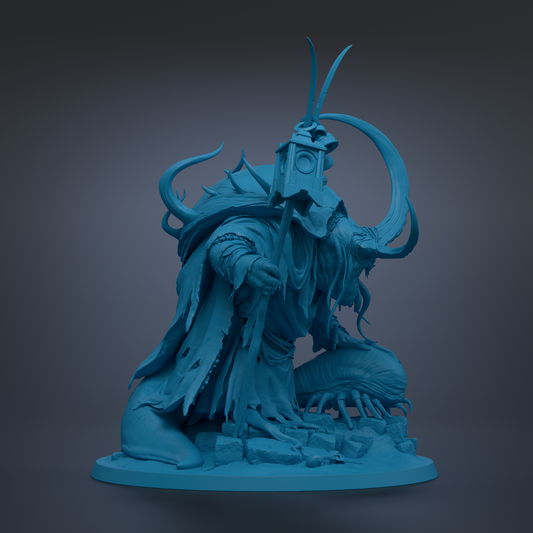 A 3D rendering of a fantastical creature with a large head, long neck, and sharp teeth, standing on a platform and holding a weapon.