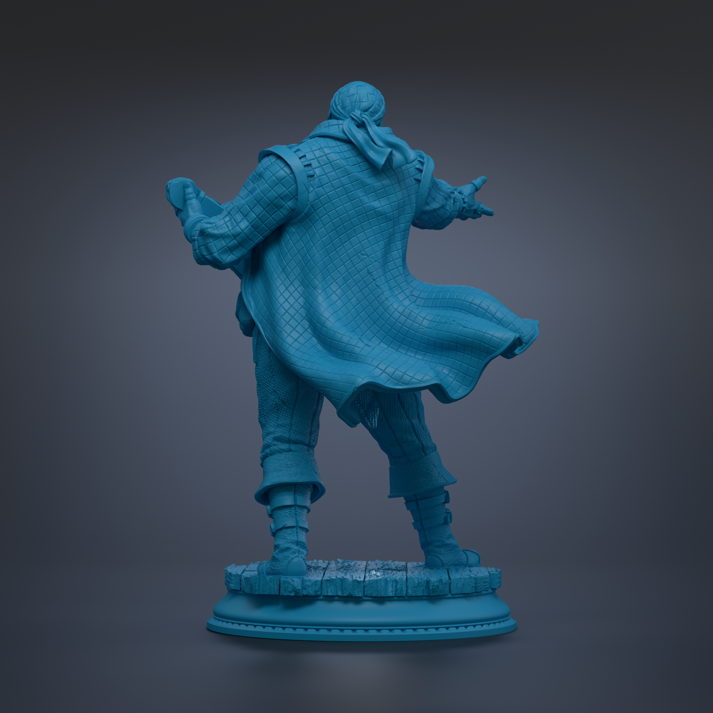 A 3D rendering of a statue of a person standing with their back to the viewer, wearing a flowing cape and holding a weapon.