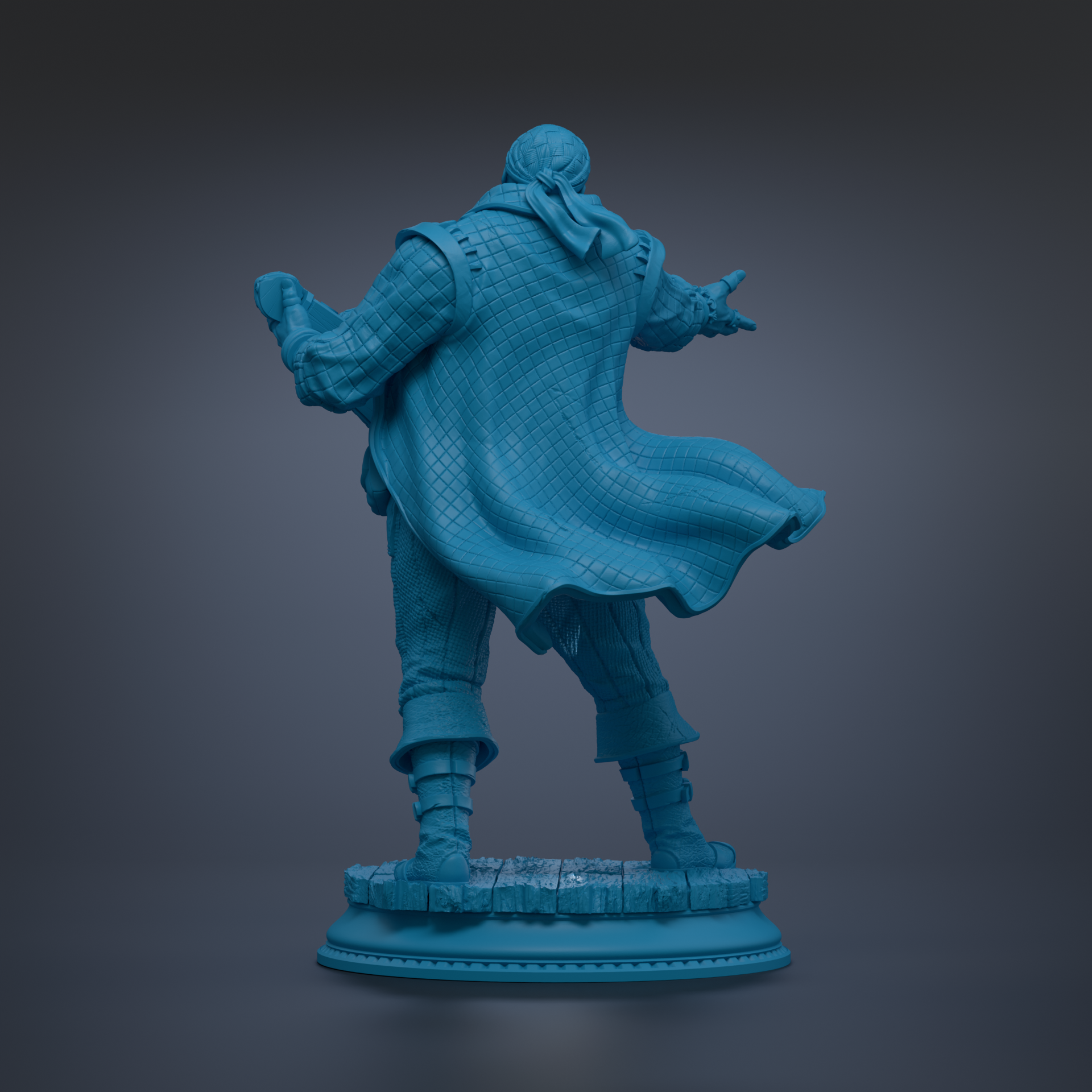 A 3D rendering of a statue of a person standing with their back to the viewer, wearing a flowing cape and holding a weapon.