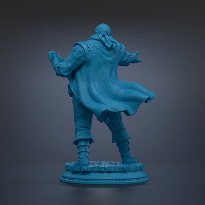 A 3D rendering of a statue of a person standing with their back to the viewer, wearing a flowing cape and holding a weapon.