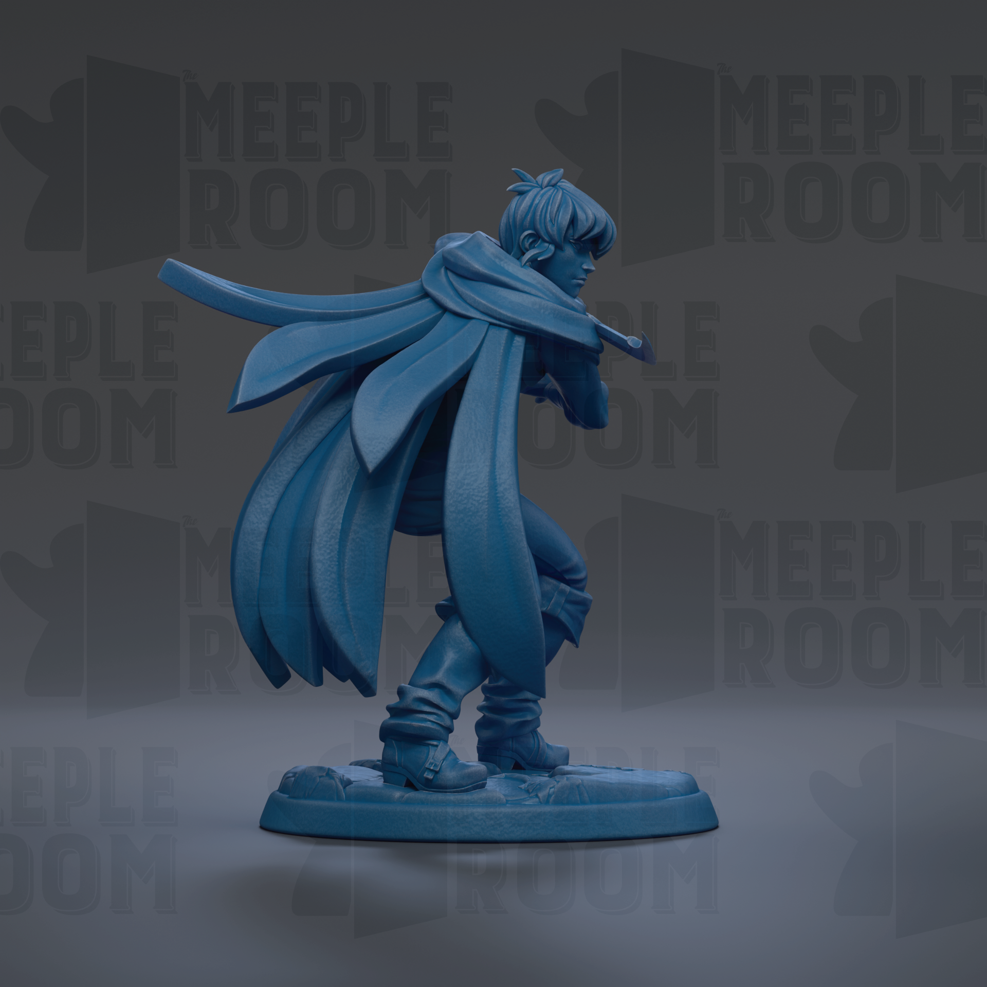 A blue figurine of a person with a cape, standing on a base and facing to the right.