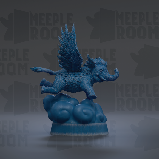 A blue winged elephant statue is perched on a cloud-like structure against a dark background with repeated "MEUPLE ROOM" text.