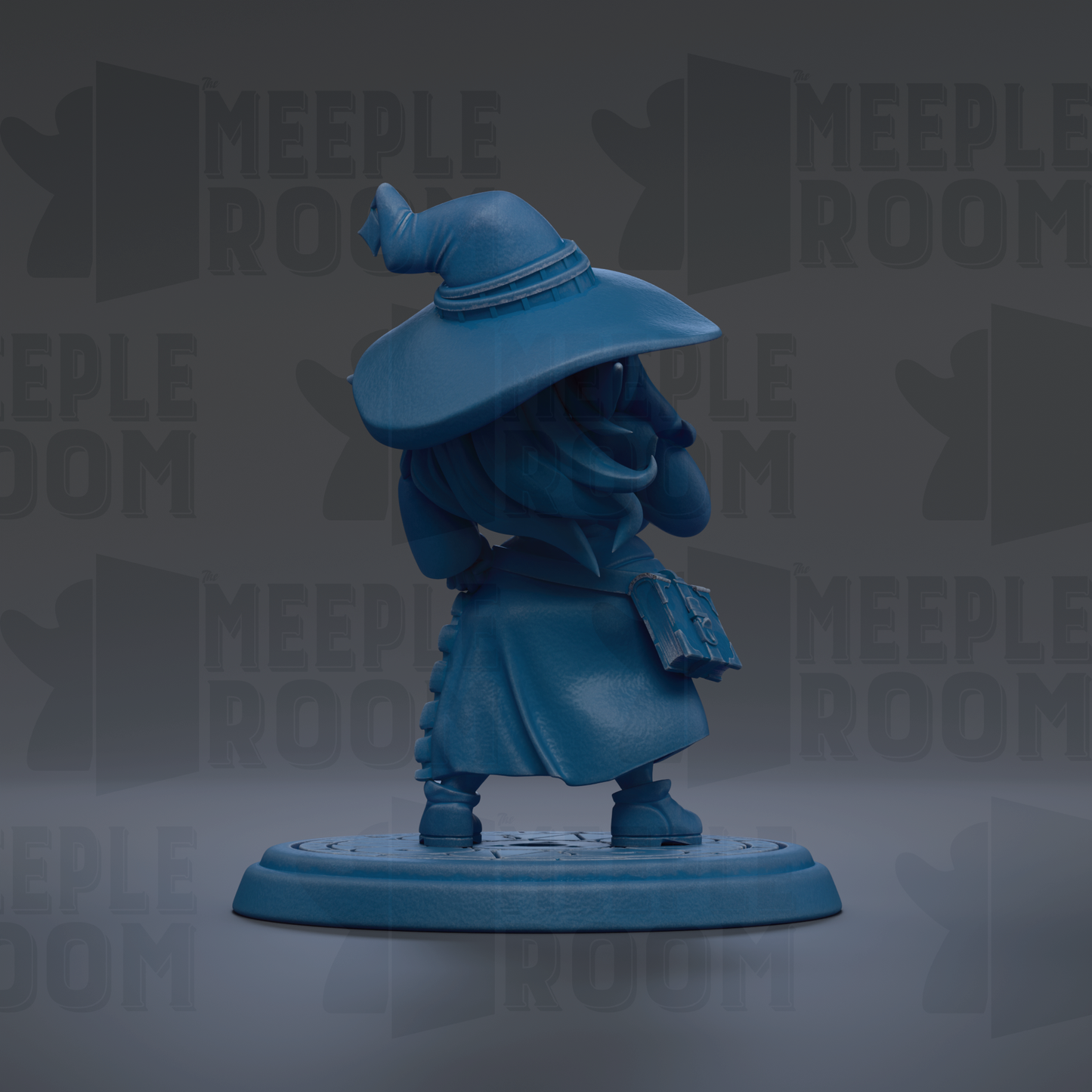 A blue figurine of a wizard or magical character, wearing a hat and holding a book, is displayed against a dark background with repeated text.