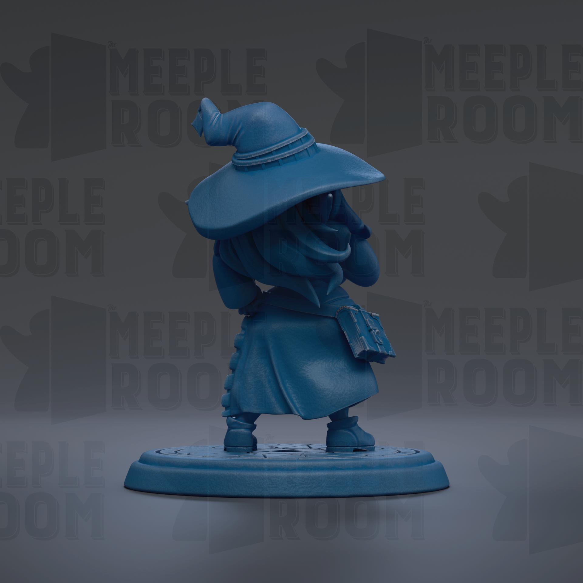 A blue figurine of a wizard or magical character, wearing a hat and holding a book, is displayed against a dark background with repeated text.