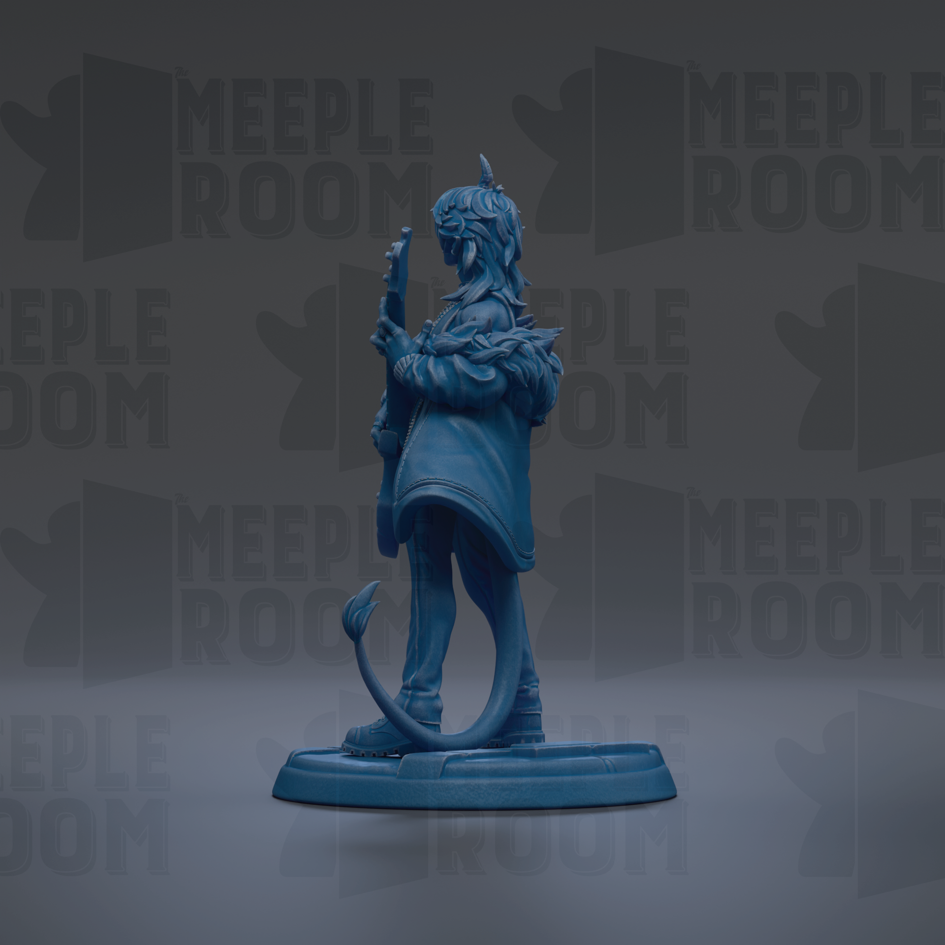 A blue figurine of a person holding a guitar is standing on a base against a dark background with repeated text.