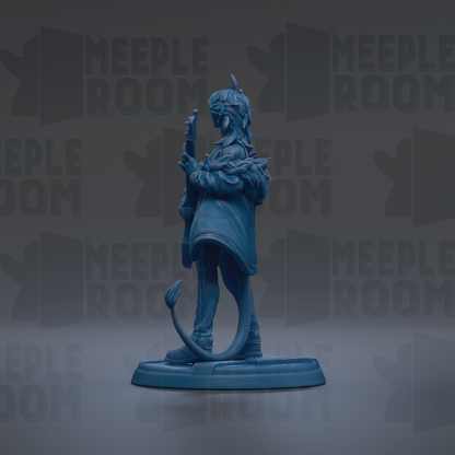 A blue figurine of a person holding a guitar is standing on a base against a dark background with repeated text.