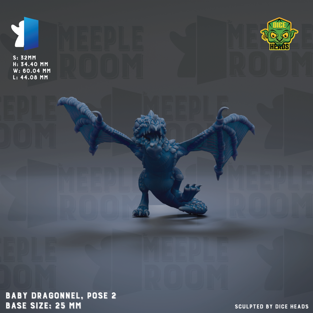 a blue dragon figurine posed in a dynamic stance, with its wings spread wide. The dragon appears to be a baby dragon, as indicated by the text "Baby Dragonnel, Pose 2". The base size of the dragon is 25mm. The image is a part of a larger collection of images, as indicated by the text "MEEPLE ROOM" and "DICE HEADS".