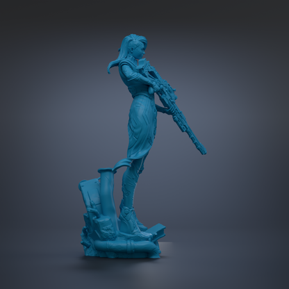 A blue 3D model of a female character holding a large gun.