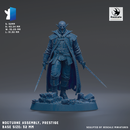 a blue, 3D-rendered fantasy minifigure of a character with a cape and sword, standing on a base. The minifigure is described as a "Nectar Assembly, Prestige" and is shown in a 3:32mm scale. The base size is 22mm. The image is described as being "sculpted by Rescue miniatures".
