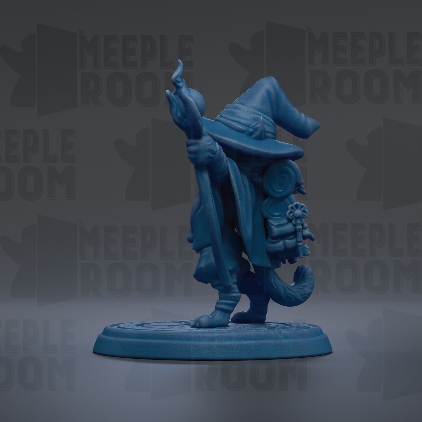 A blue figurine of a wizard or magical character, holding a staff and a wand, standing on a platform against a dark background with repeated text.