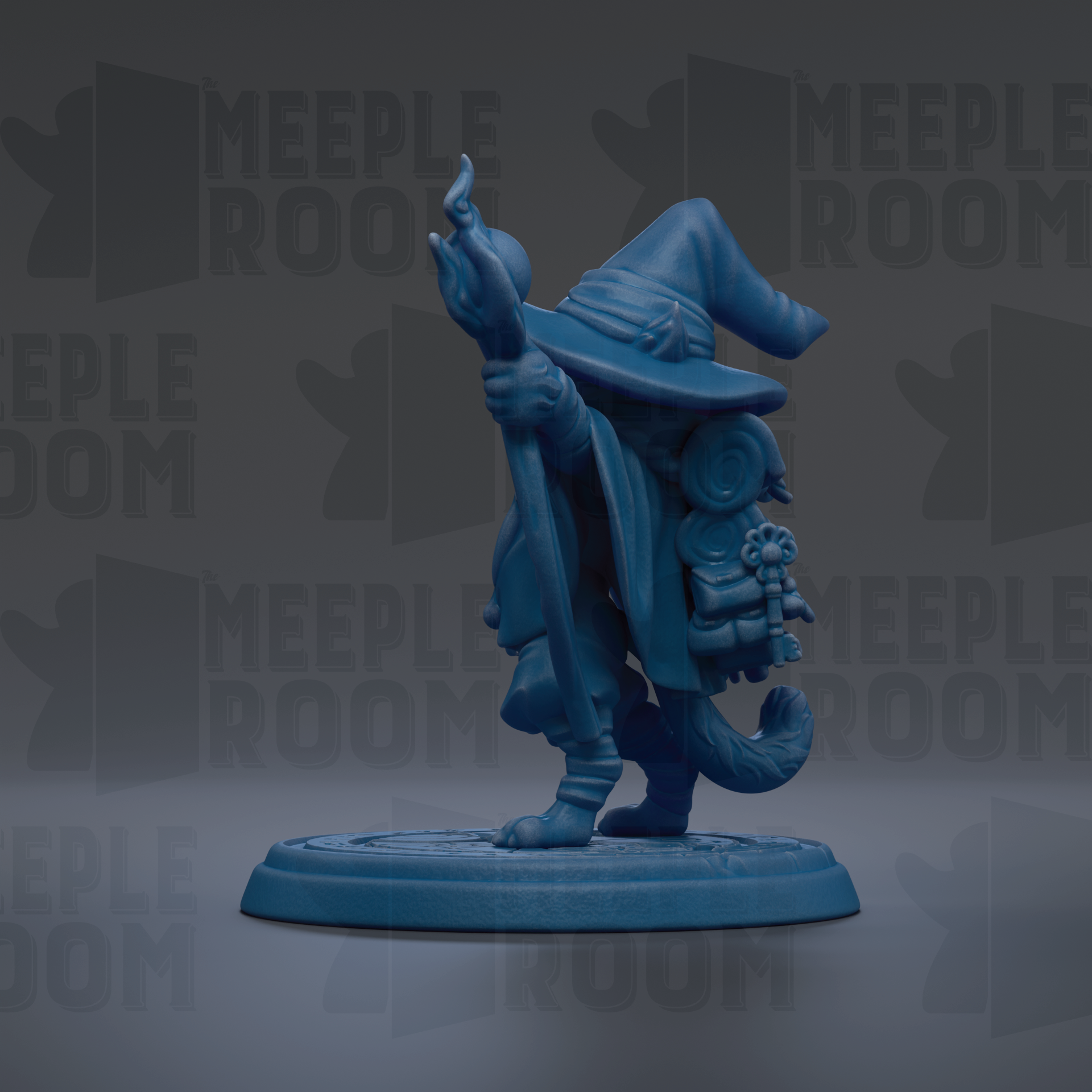 A blue figurine of a wizard or magical character, holding a staff and a wand, standing on a platform against a dark background with repeated text.