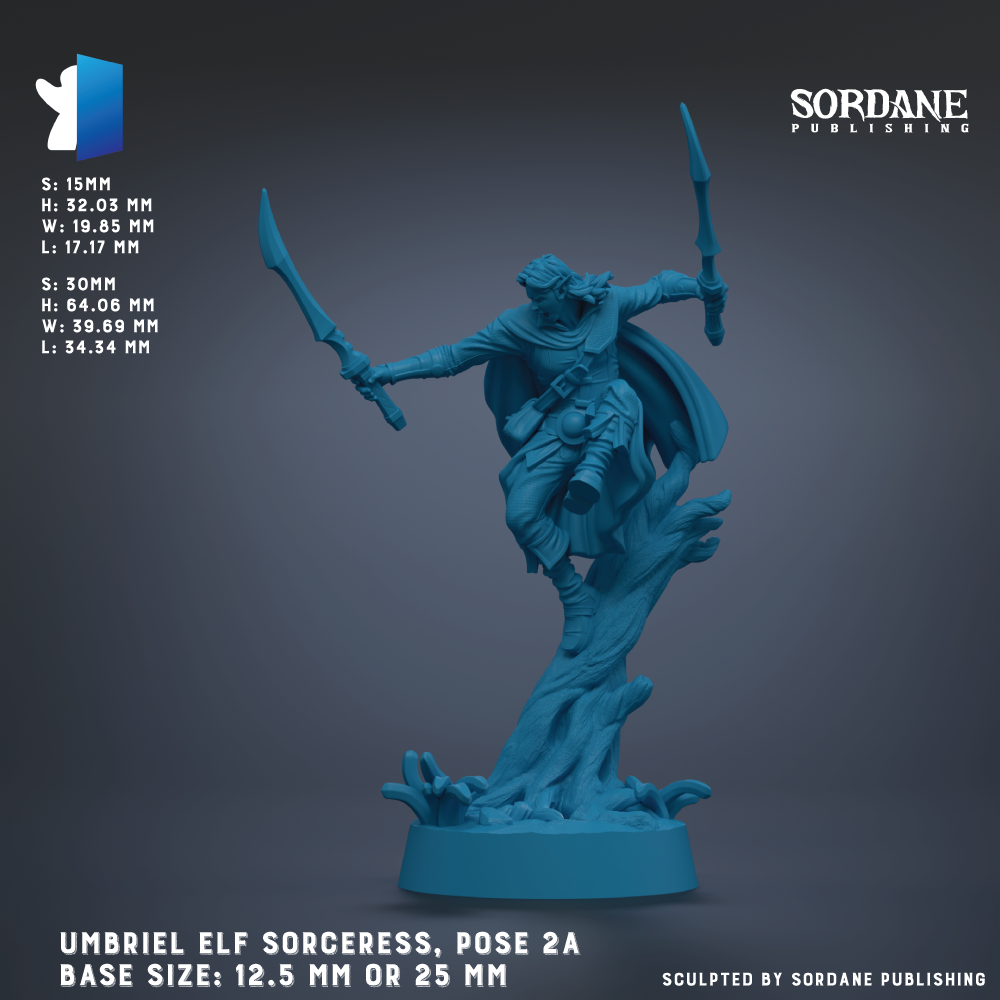The image is a 3D rendering of a figurine of an elf-like character, possibly a witch or magical being, posed in a dynamic stance with two swords in hand. The figurine is set against a dark background, and the image size is either 12.5 mm or 25 mm. The base size is either 2.5 mm or 25 mm. The image is published by Sordane Publishing.