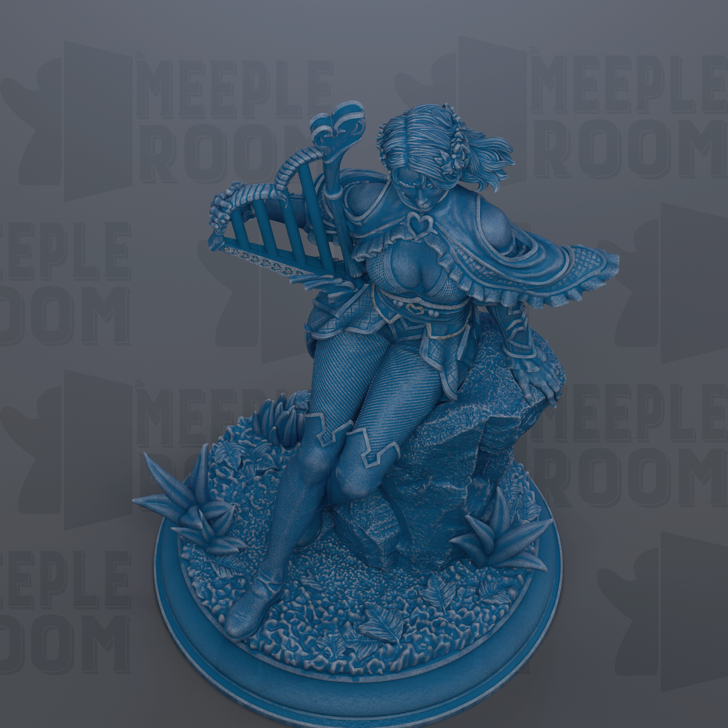 A blue figurine of a woman sitting on a rock, holding a small object in her hand.