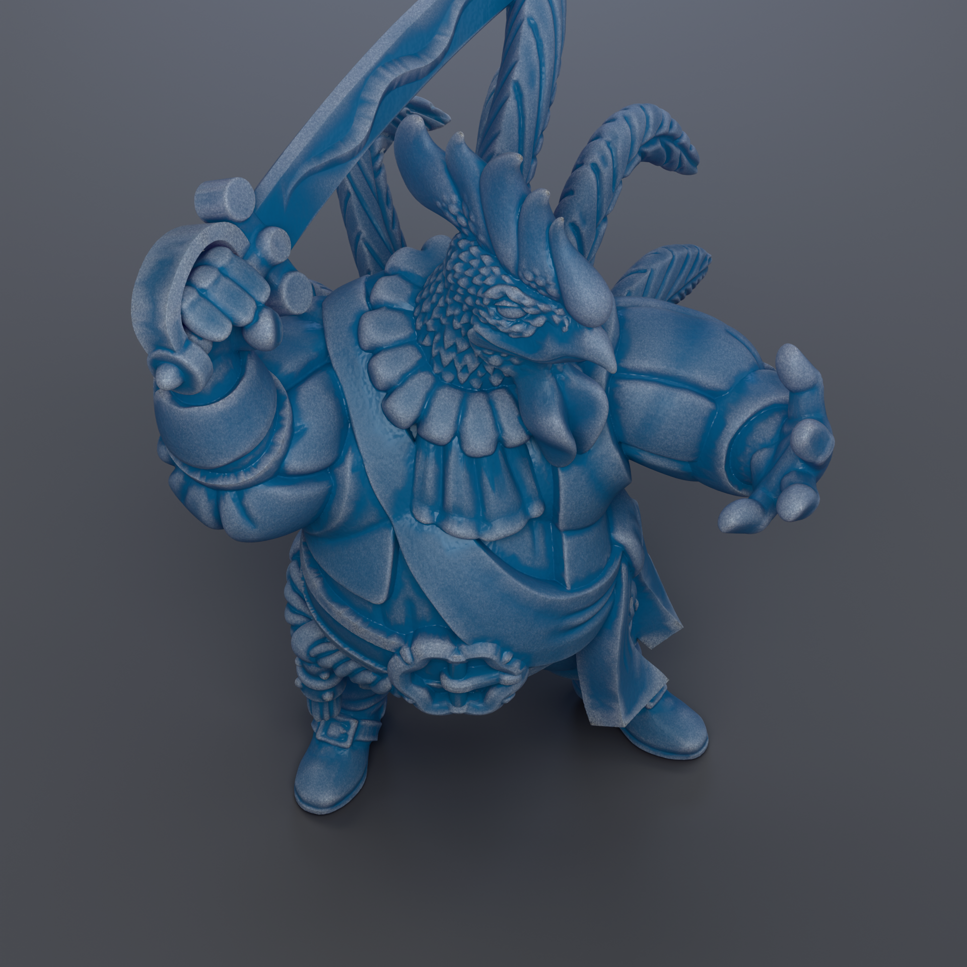 A blue, 3D-rendered statue of a fantastical creature with intricate details and a large head.